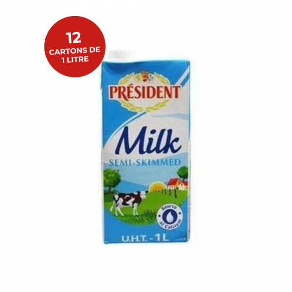 Lait demi-écrémé PRESIDENT — Lot de 12 cartons de 1L